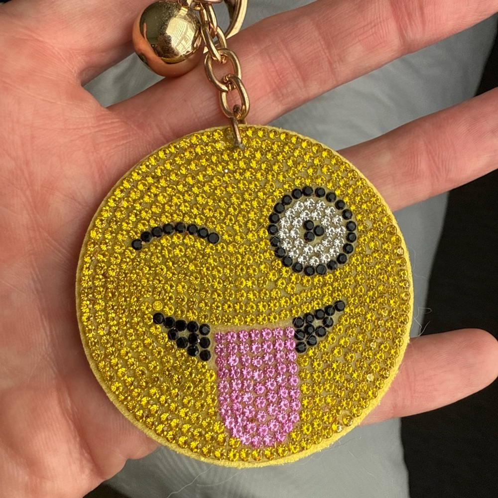 Yellow Rhinestone Winking Tongue-Out Emoji Keychain